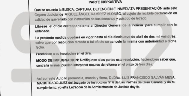 La petición de busca y captura para Miguel Ángel Ramírez.