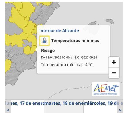 AEMET mantiene activado el aviso amarillo por temperaturas mínima en Elda