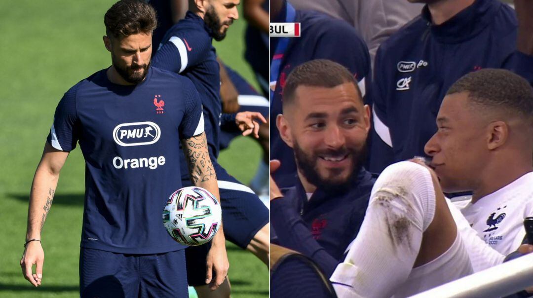 A la izquierda de la imagen, Giroud durante un entrenamiento. A la derecha, Benzema y Mbappé sonríen en el banquillo durante el amistoso de Francia de este martes