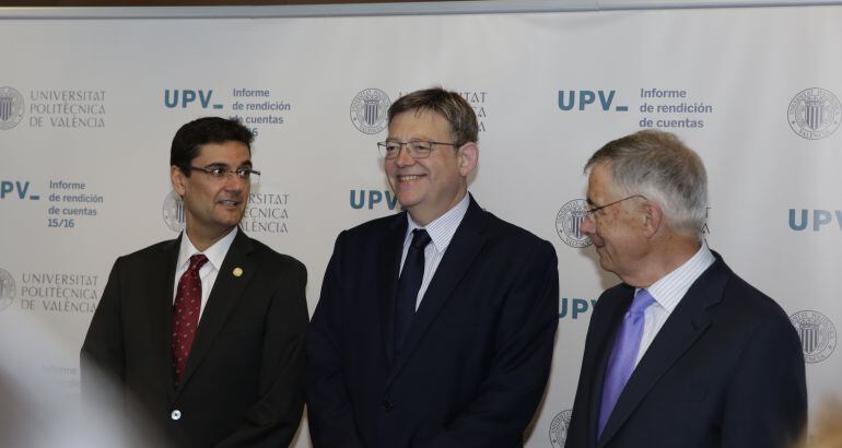 El President de la Generalitat, entre el rector de UPV Fco.Mora y el profesor Fco.Michavila