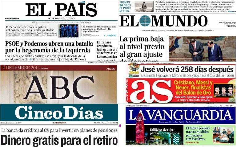 Algunas de las portadas del martes 2 de diciembre de 2014