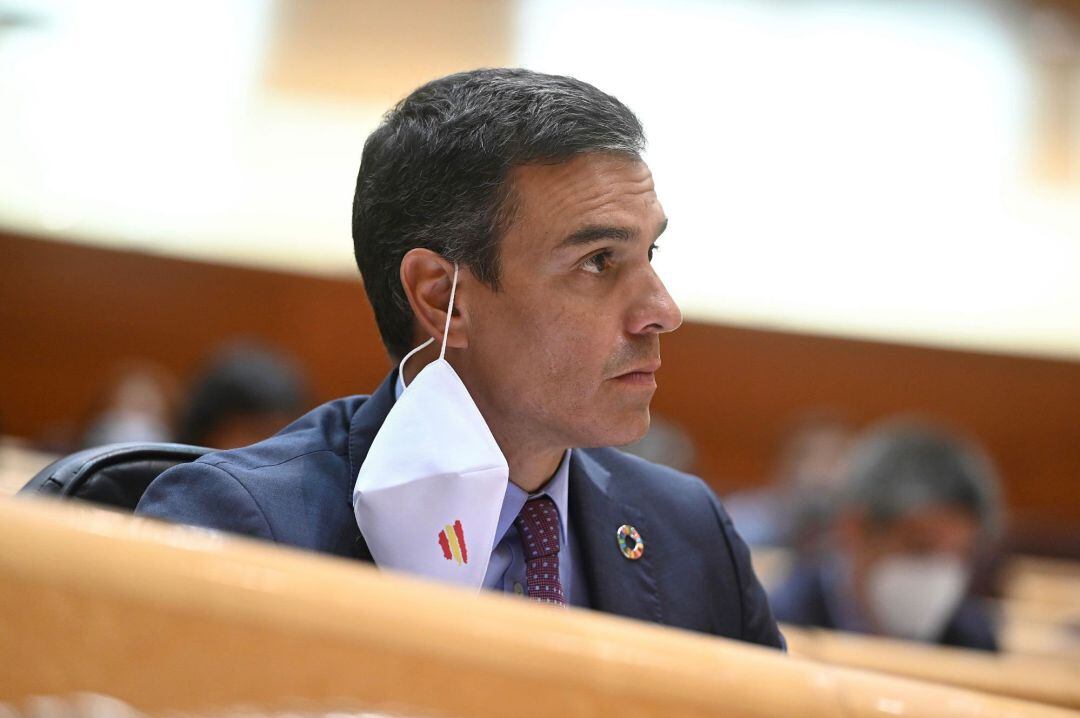 El presidente del Gobierno, Pedro Sánchez, en el pleno del Senado donde ha comparecido para informar sobre la evolución y gestión de la pandemia del coronavirus en diferentes ámbitos.