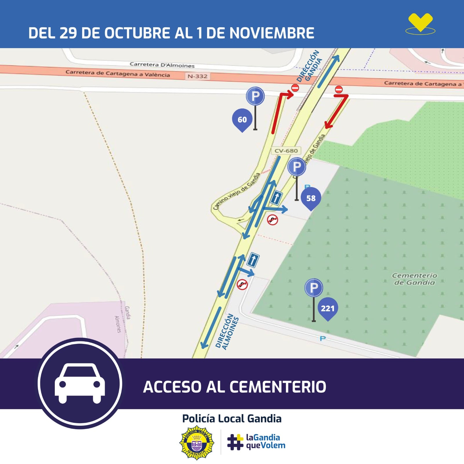 Plano de acceso al cementerio con motivo de Todos los Santos.