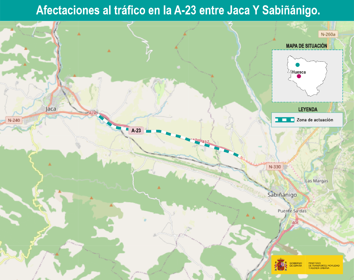 Los vehículos que circulen por la calzada sentido Sabiñánigo tienen el itinerario alternativo por la N-330, entre Enlace de Guasa y Sabiñánigo Oeste