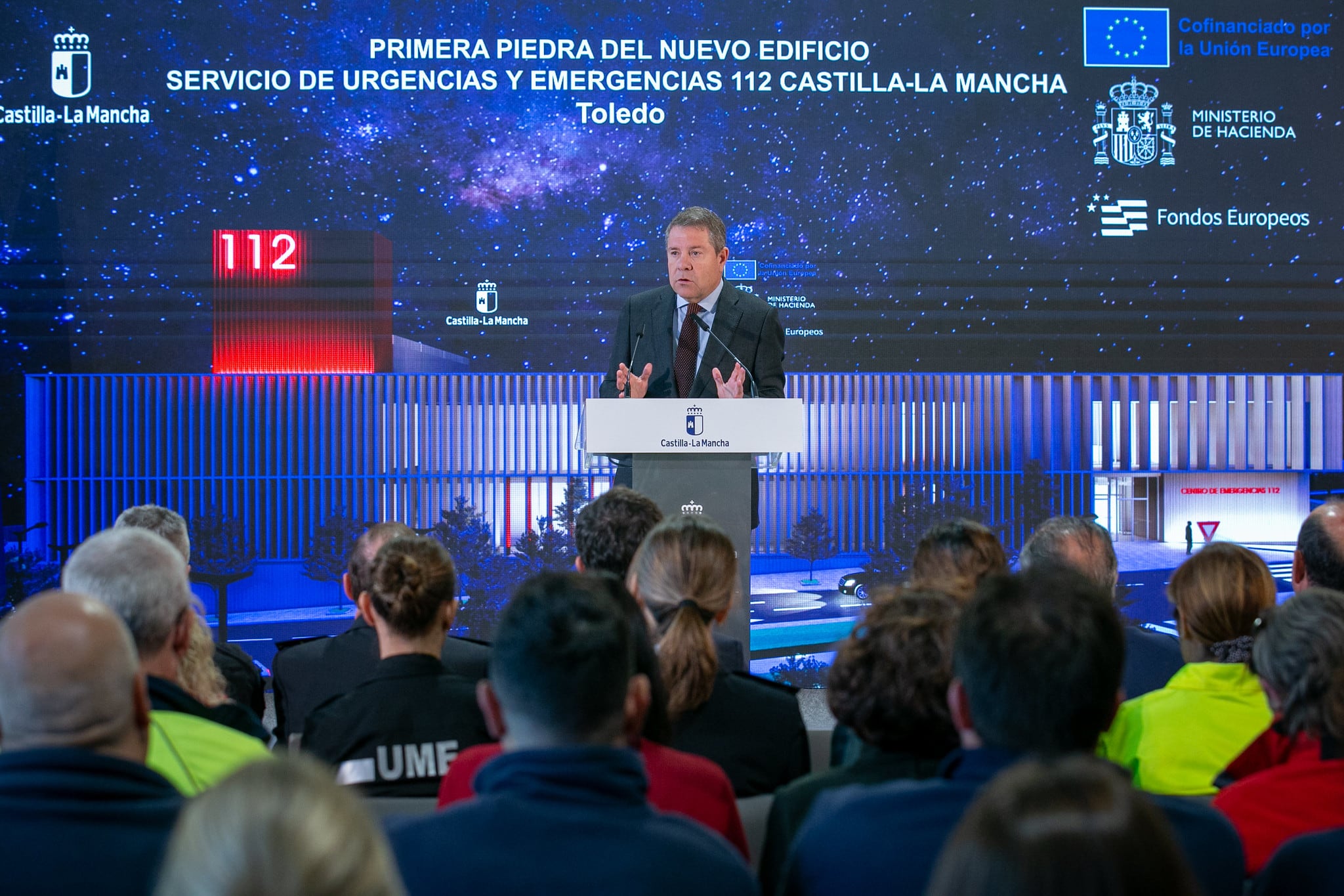 El presidente de Castilla-La Mancha, Emiliano García-Page, durante el acto de la colocación de la primera piedra del nuevo edificio del 112