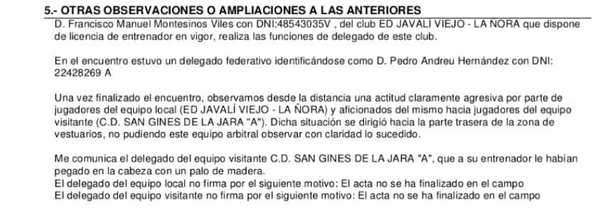 Acta del partido Javalí Viejo - La Ñora y San Ginés de la Jara