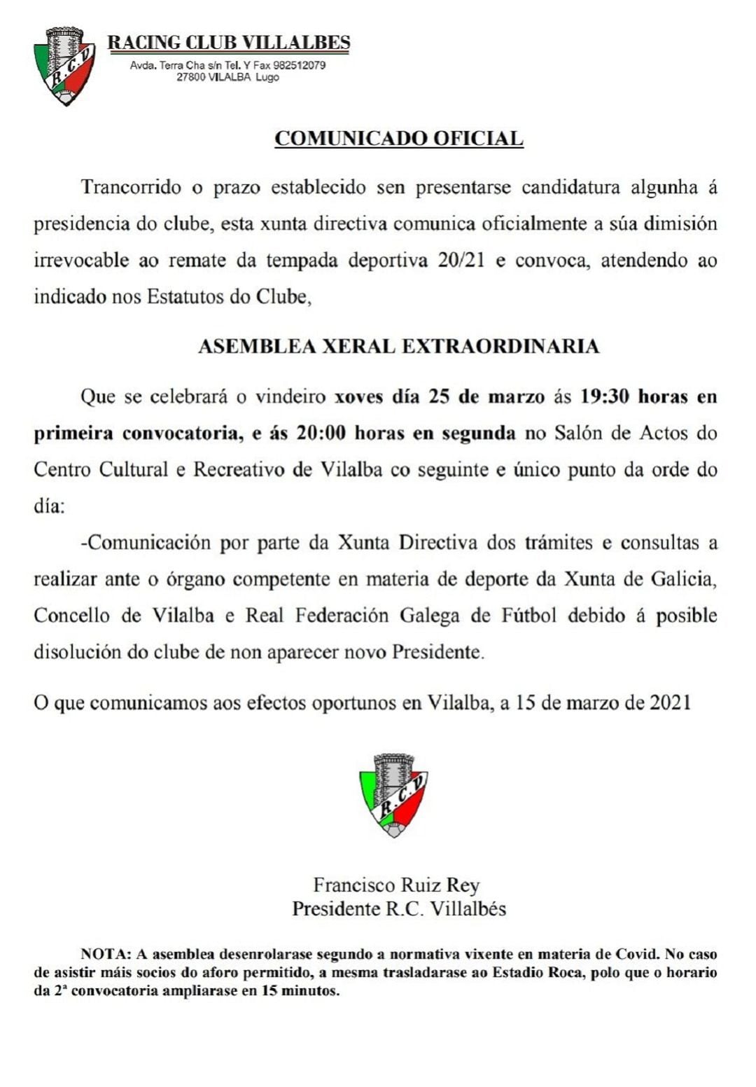 Comunicado oficial do Racing Vilalbés