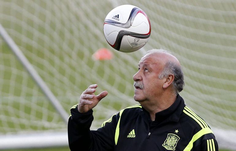 Vicente del Bosque juega con un balón durante el entrenamiento de la selección española en el estadio Sánchez Pizjuán de Sevilla