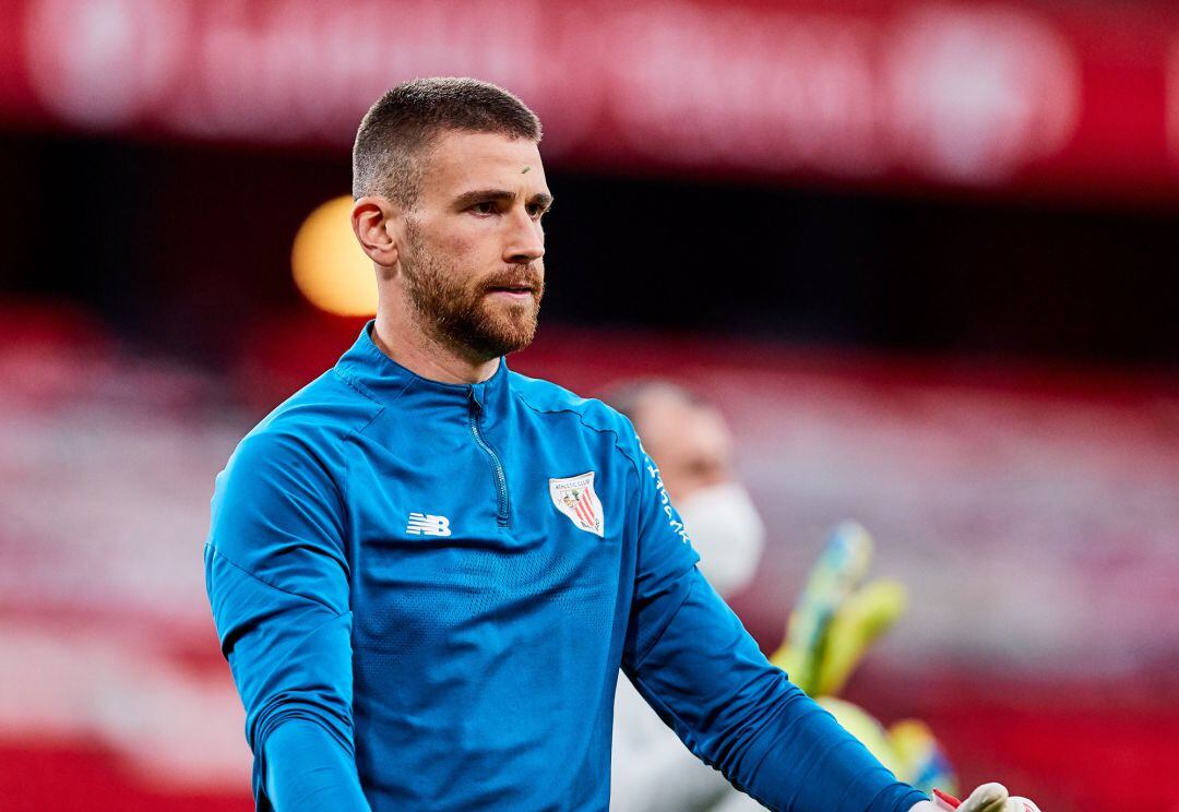 Unai Simon of Athletic Club warms up before the Spanish league, La Liga Santander, football match played between Athletic Club and Real Madrid CF at San Mames stadium on May 16, 2021 in Bilbao, Spain. 
 