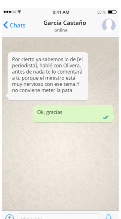 Recreación de las cadenas de WhatsApp del exsecretario de Estado de Seguridad del Ministerio del Interior durante el último gobierno del Partido Popular, Francisco Martínez