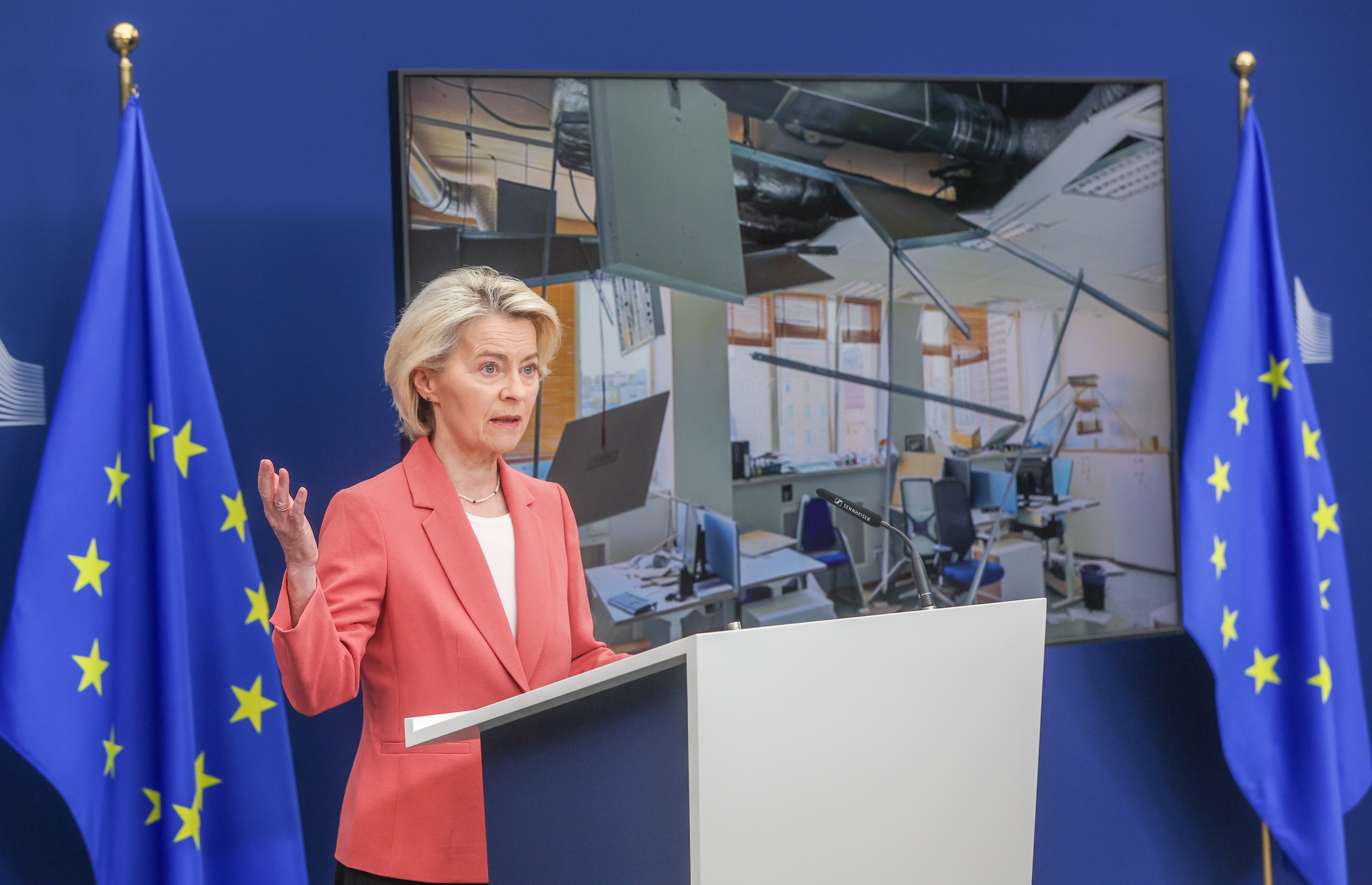 La presidenta de la Comisión Europea, Ursula von der Leyen, durante una comparecencia tras el ataque ruso a una delegación de la UE a finales de agosto.