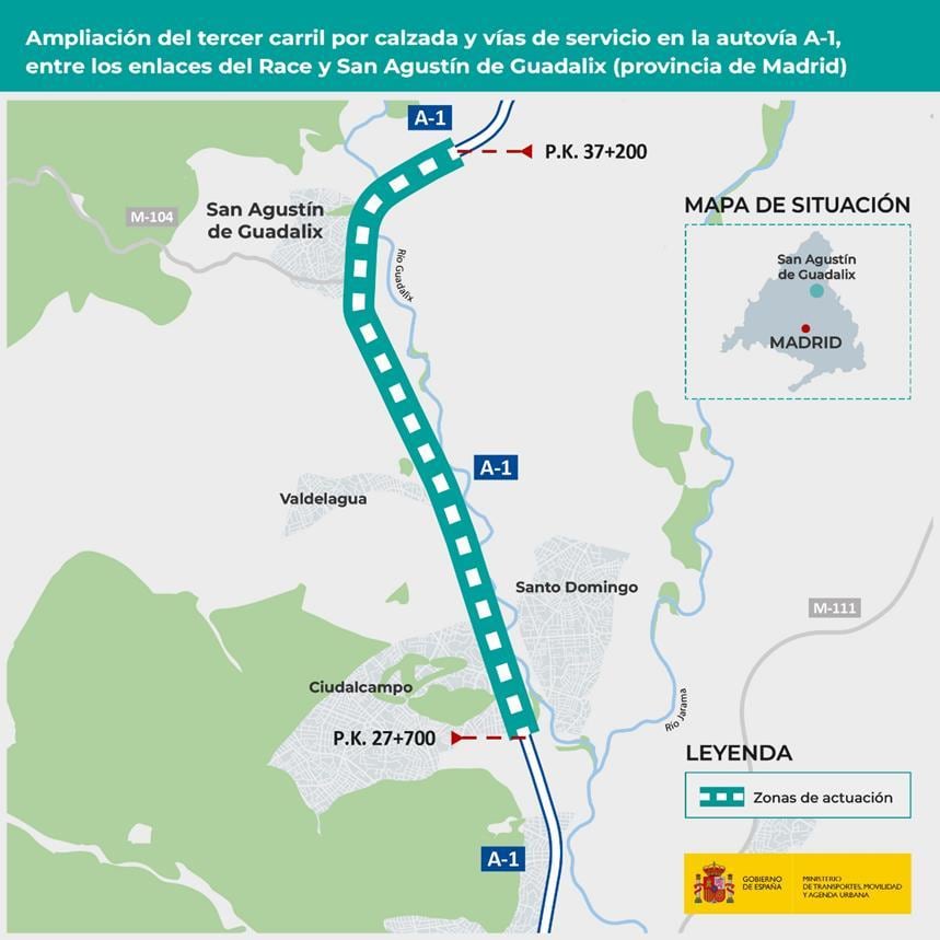 Plano de la futura ampliación de un carril por sentido en la A-1 desde el RACE hasta San Agustín del Guadalix