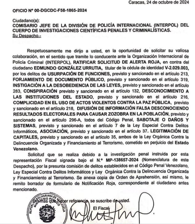 Solicitud del gobierno de Venezuela a la Interpol para que detengan a González Urrutia