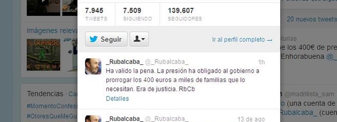 Muro de Twitter del líder del PSOE, Alfredo Pérez Rubalcaba, en el que se felicita por la &quot;presión&quot; realizada por su partido para que el Gobierno prorrogue el <i>Plan Prepara</i>