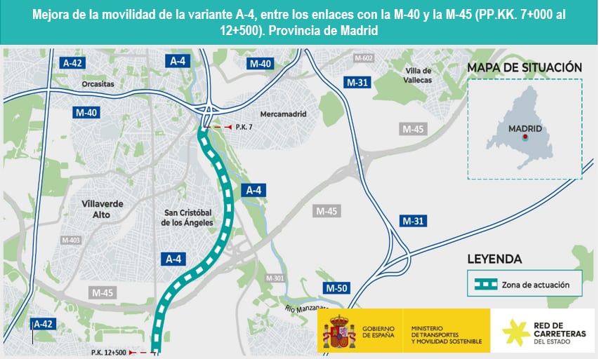 Tramo de la A-4 que contará con un tercer carril en ambos sentidos entre Getafe y Villvaverde