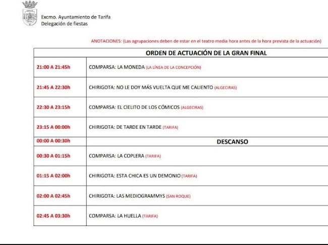 Orden Actuación oficial Gran Final concurso.