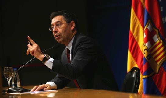 El presidente del F.C. Barcelona, Josep María Bartomeu, durante la rueda de prensa que ha ofrecido para anunciar el adelanto electoral para el próximo verano, un año antes de lo previsto.