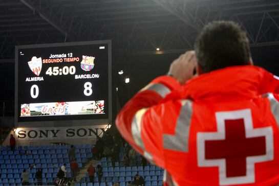 El marcador del estadio de los Juegos del Mediterráneo refleja el 0-8 del Barcelona al Almería.