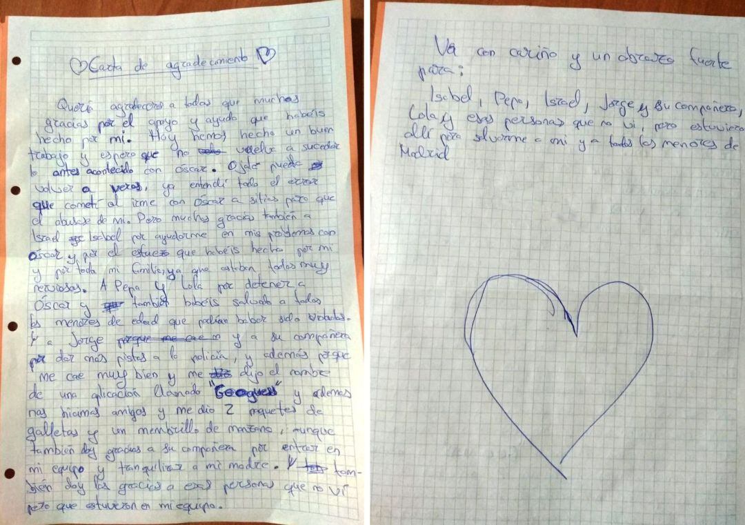 Fotografía facilitada por la Policía Nacional. En la imagen, una carta que envió el menor a los agentes dándoles las gracias de manera personalizada y destacando el hecho de que &quot;estuvieran allí para salvarme a mí y a todos los menores de Madrid&quot;.