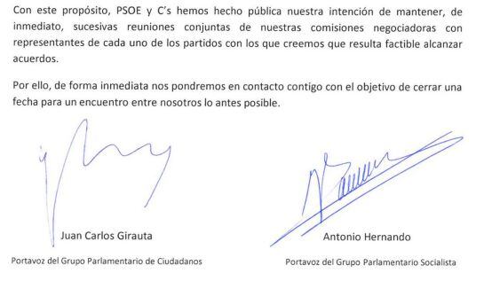 Extracto de la carta enviada por PSOE y Ciudadanos al PP y al resto de grupos políticos