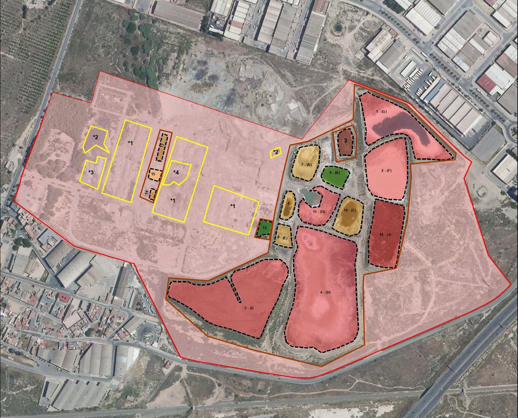 Plano de los antiguos terrenos de la factoría Zincsa, donde los propietarios de los terrenos tendrán que actuar de manera inmediata en una superficie de 280.000 metros cuadrados (identificada en color rosa claro).