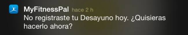 La aplicación ‘MyFitnessPal’ avisa al usuario mediante notificaciones