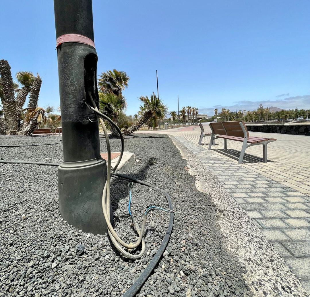 Una de las farolas del paseo del Parque Temático de Arrecife &quot;atacadas&quot; por los ladrones.