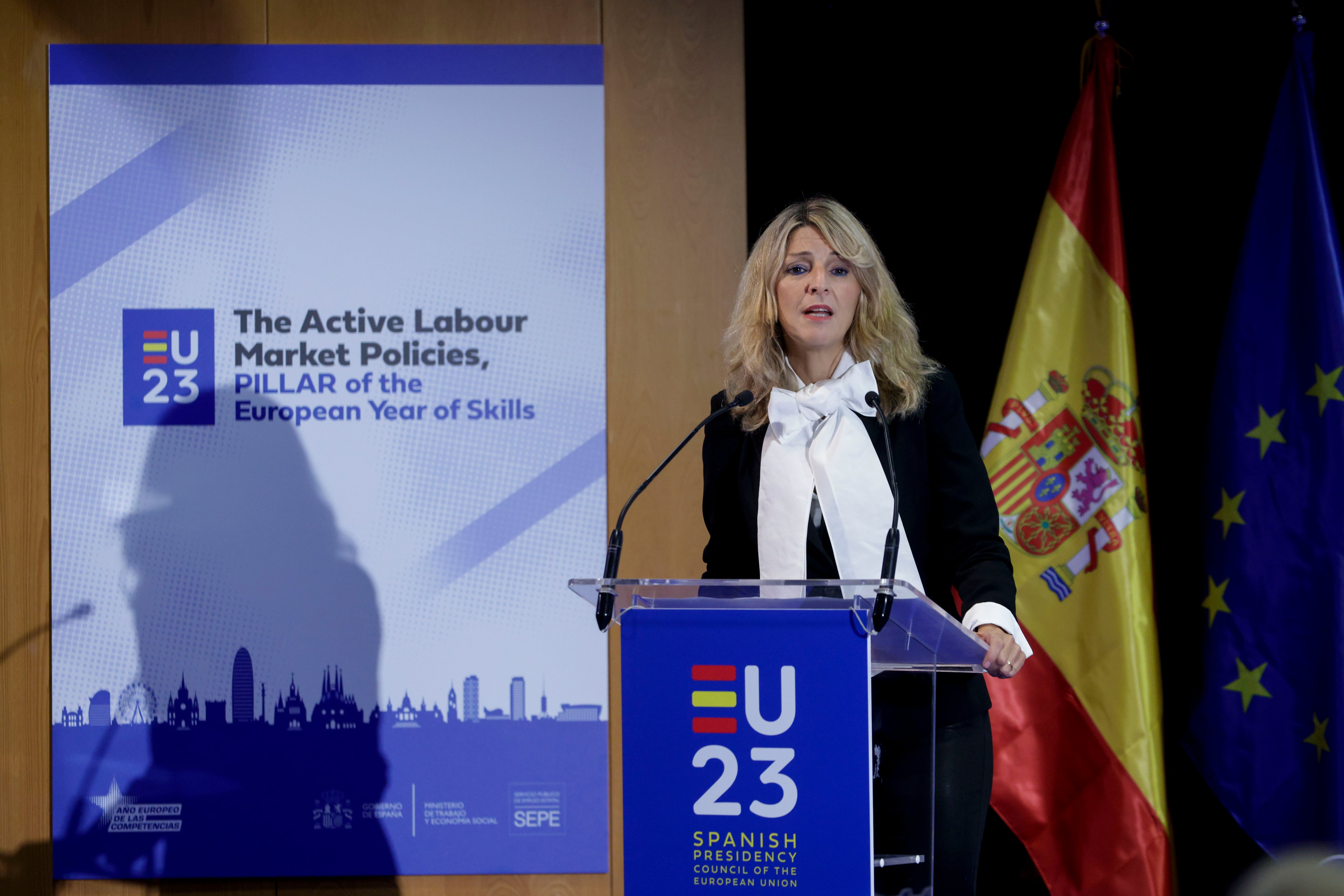 La vicepresidenta segunda del Gobierno y ministra de Trabajo y Economía Social en funciones, Yolanda Díaz, durante la jornada inaugural de la conferencia de alto nivel El Pilar Europeo de los Derechos Sociales y las nuevas políticas activas de empleo