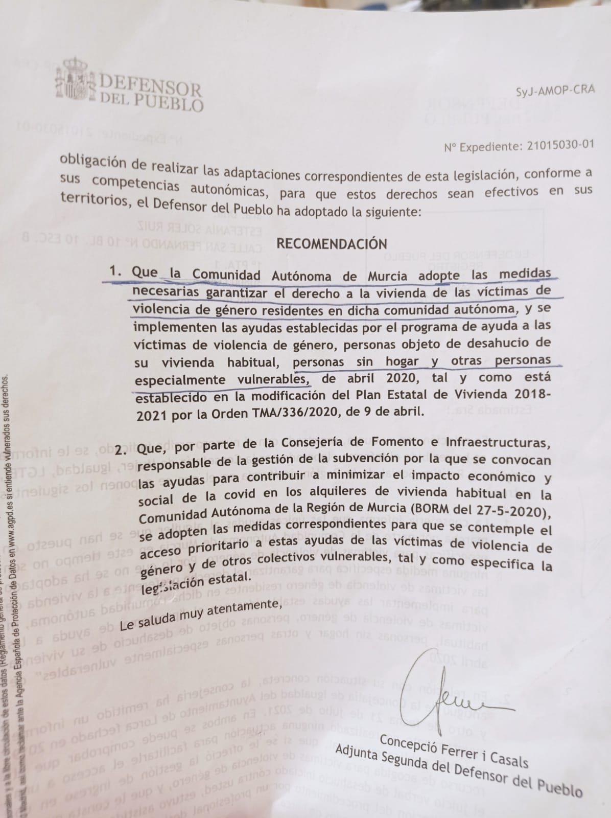 Recomendación del Defensor del Pueblo