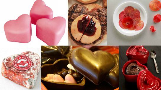 Chuches, hamburguesa, manzana, queso, chocolate y hierro fundido, en forma de corazón.