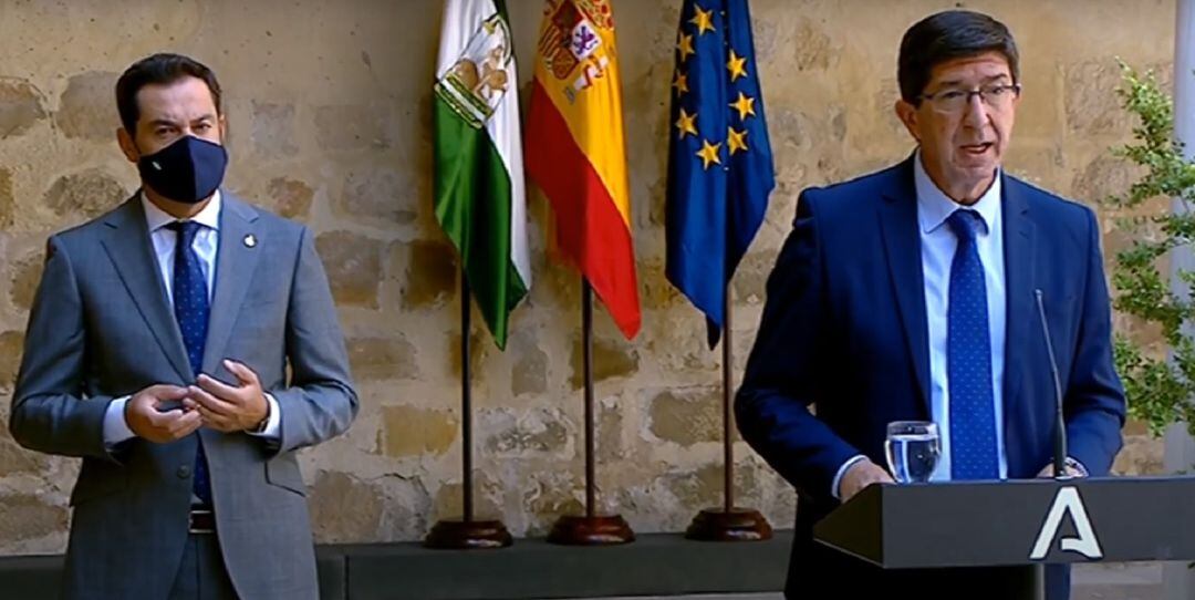 Juan Manuel Moreno y Juan Marín en la rueda de prensa posterior al Consejo de Gobierno en Úbeda.
