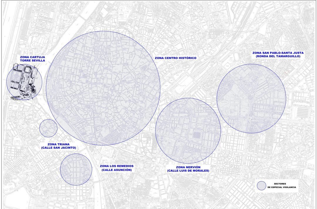 Plano de las zonas afectadas por el plan de movilidad de Navidad preparado por el ayuntamiento de Sevilla, que se pondrá en marcha este viernes 4 de diciembre