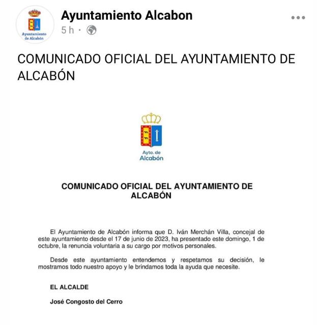 Primer comunicado del Ayuntamiento de Alcabón