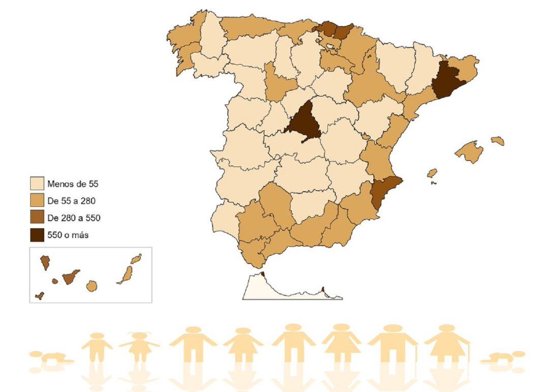 Densidad de población en España a 1 de enero de 2019. 