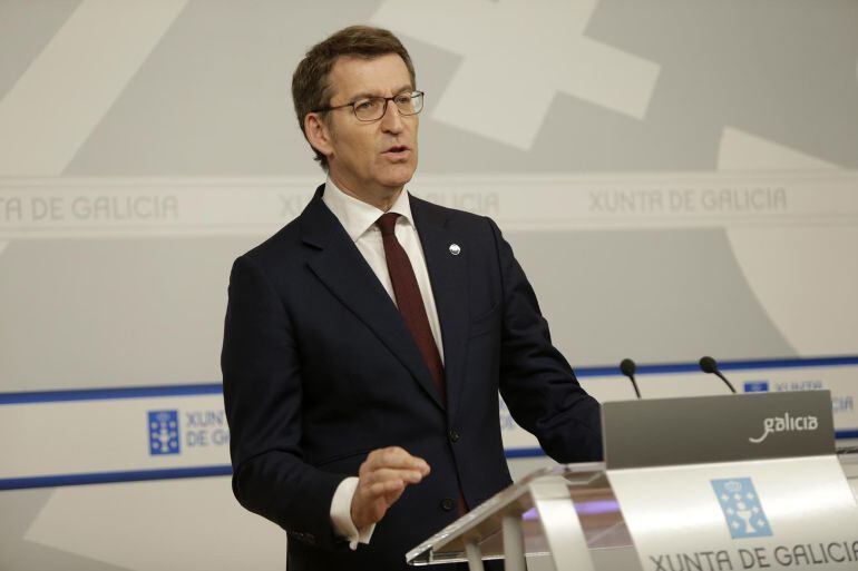 El presidente de la Xunta, Alberto Núñez Feijoo, en la rueda de prensa tras la reunión de su gobierno.