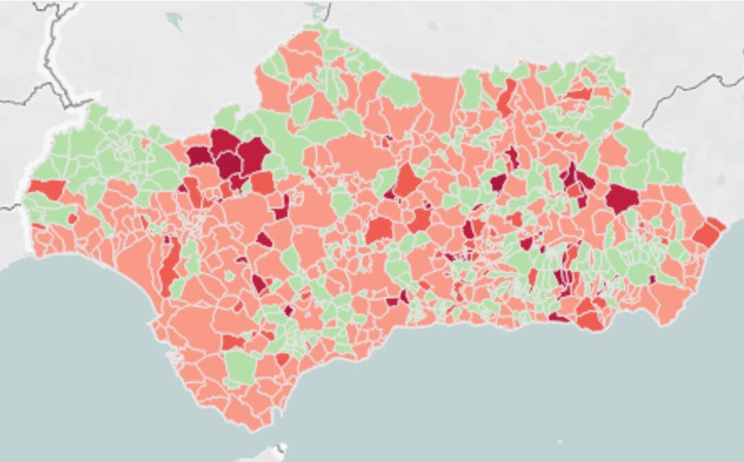 Mapa de Andalucía marcado según la incidencia acumulada de cada municipio