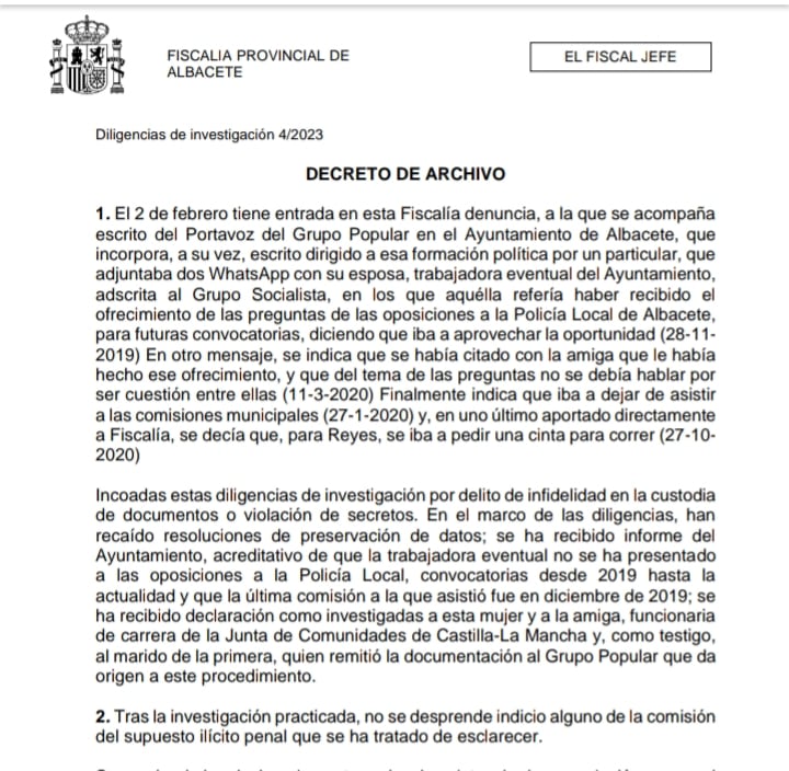 Escrito de la Fiscalía con el archivo de la denuncia presentada por el PP