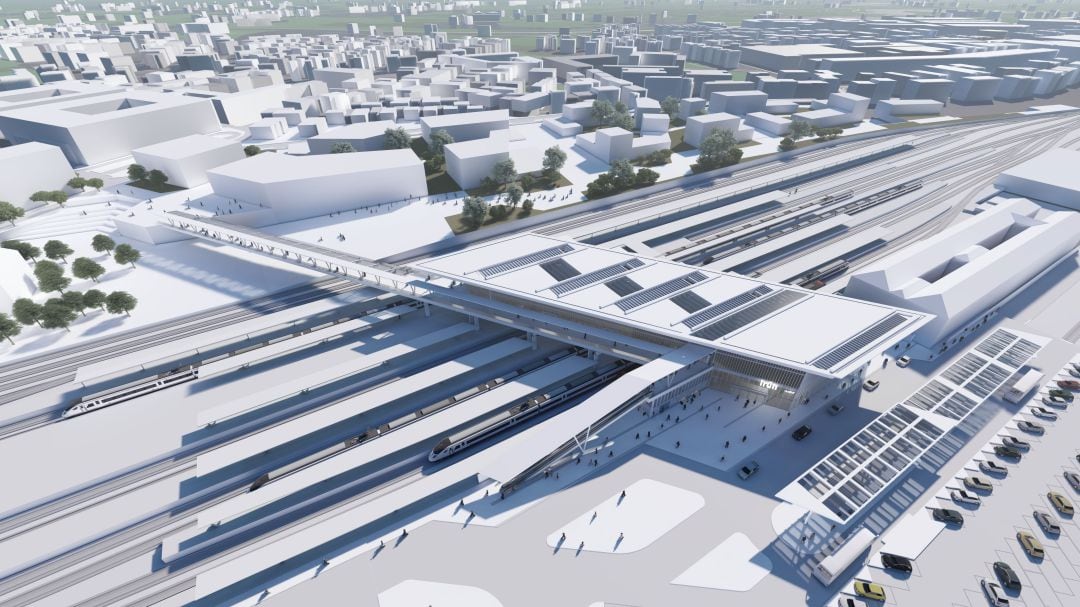 El edificio se articulará en torno a los espacios principales de Cercanías y Larga Distancia, materializándose arquitectónicamente mediante una disposición en serie de paralelepípedos de carácter modular que acogerán los diferentes vestíbulos y servicios de la estación, adecuándose a la disposición de los andenes de viajeros y de los núcleos de comunicación vertical.