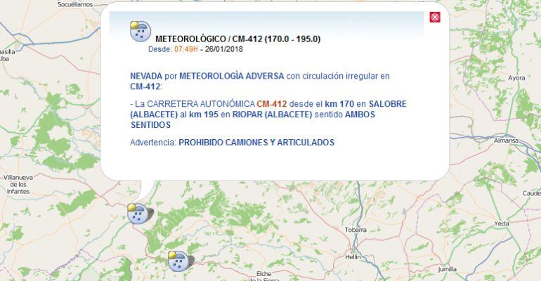 Tráfico alerta de las carreteras afectadas por la nieve en Albacete