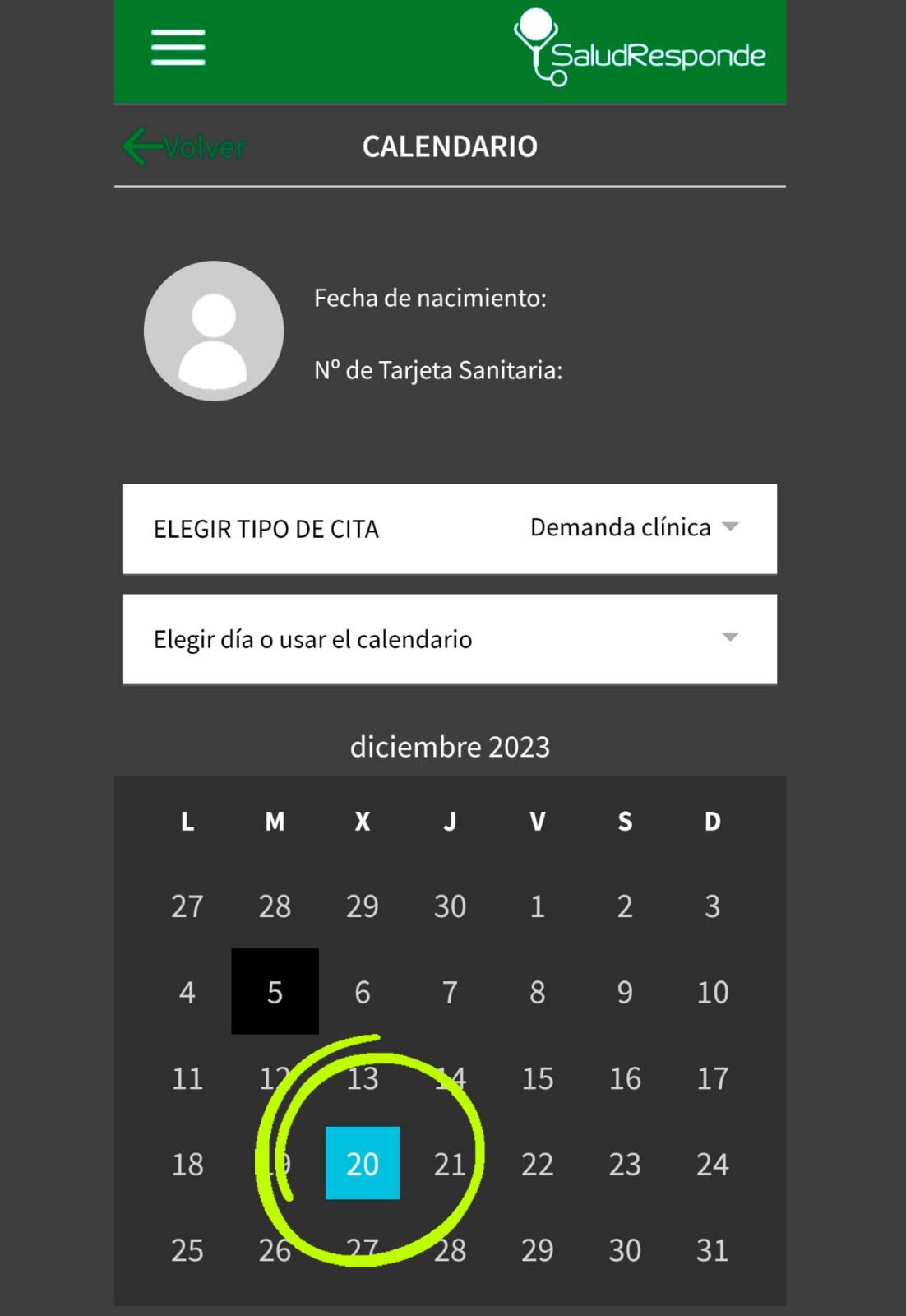 Captura de una solicitud de cita en un centro de salud de Jaén.