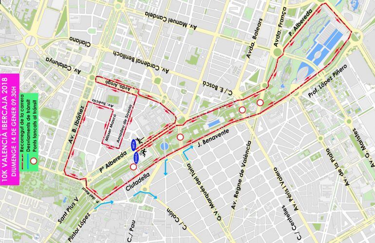 Plano con el recorrido y los cortes de tráfico previstos con motivo de la carrera 10K Valencia Ibercaja