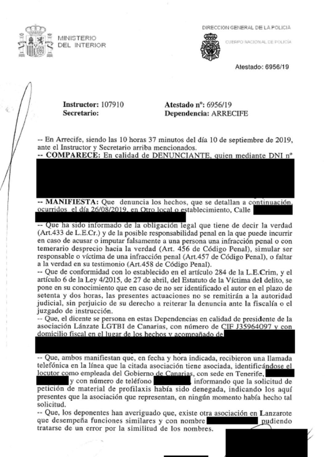 Denuncia presentada por Lánzate LGTBi ante la Policía Nacional