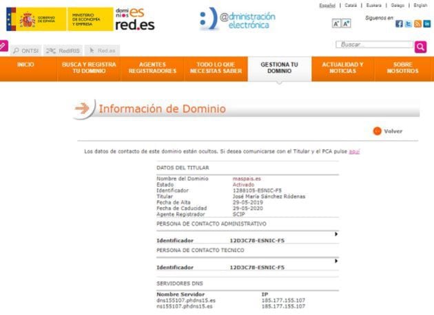 Información del dominio web de Más País.