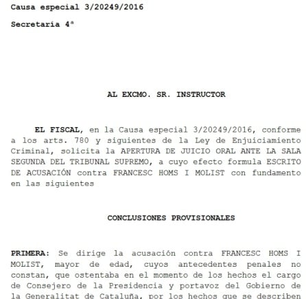 Escrito de la Fiscalía que pide 9 años de inhabilitación para Homs por organizar la consulta del 9-N.