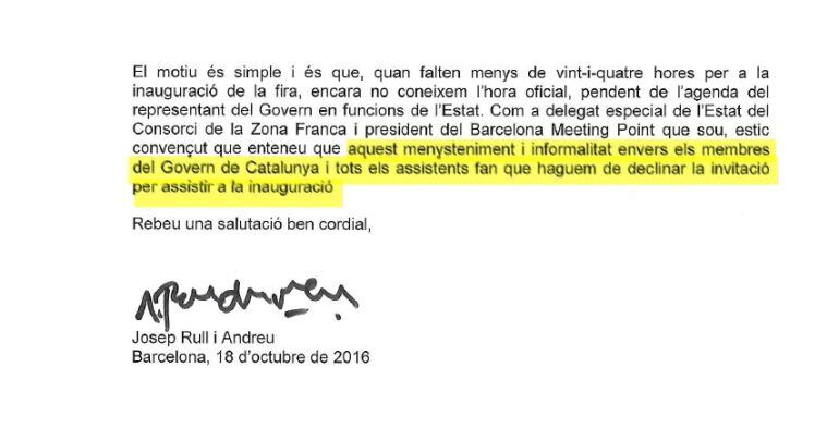 La carta del conseller Rull on explica que no assistirà a la inauguració del saló Barcelona Meeting Point
