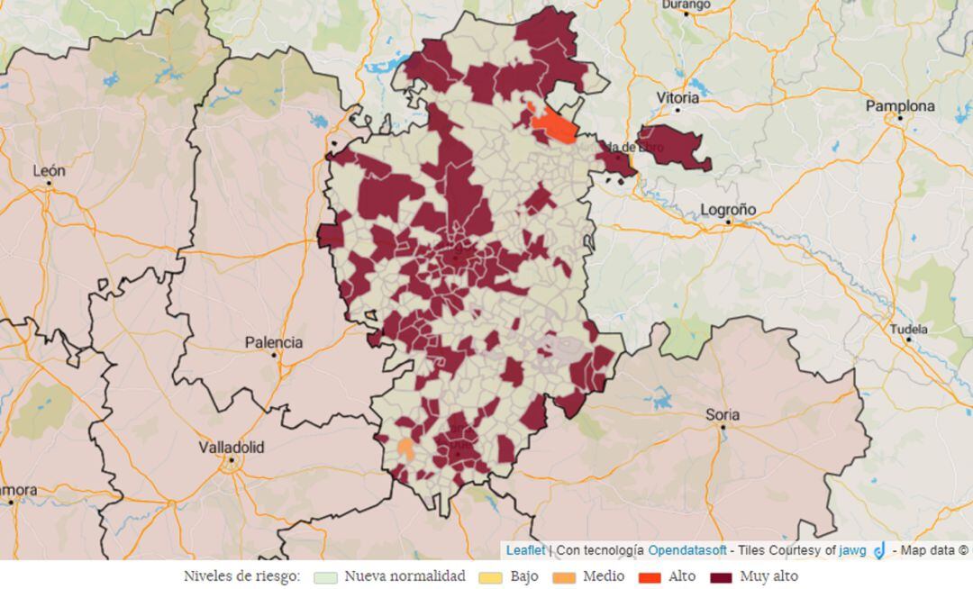 Mapa de incidencia acumulada en la provincia de Burgos durante los últimos siete días