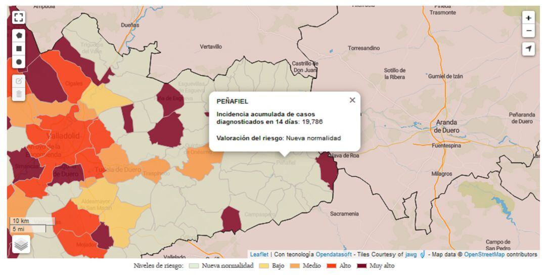 Mapa del Servicio de Epidemiología de la Junta de Castilla y León que refleja la situación de Nueva Normalidad en Peñafiel.