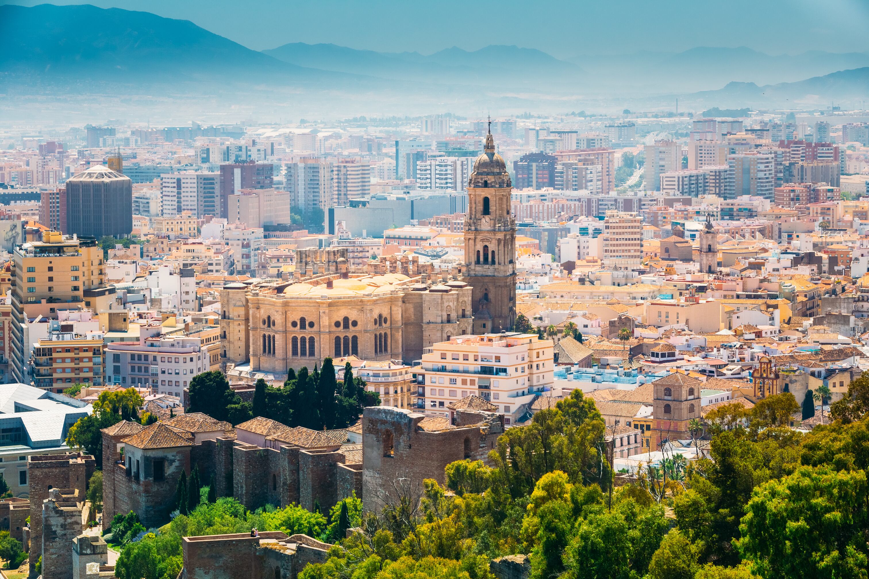 Cityscape aerial view of Malaga, Spain. The Cathedral of Malaga is a Renaissance church in the city of Malaga in Andalusia in southern Spain.