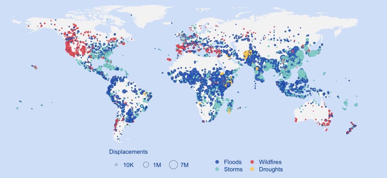 Registros de desplazamientos internos relacionados con las condiciones meteorológicas entre 2018 y 2024. Fuente: IDMC