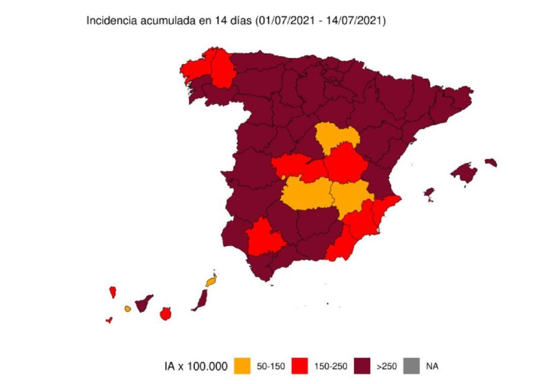 Mapa de incidencia por provincias. Las de Castilla-La Mancha son las que presentan los datos más bajos